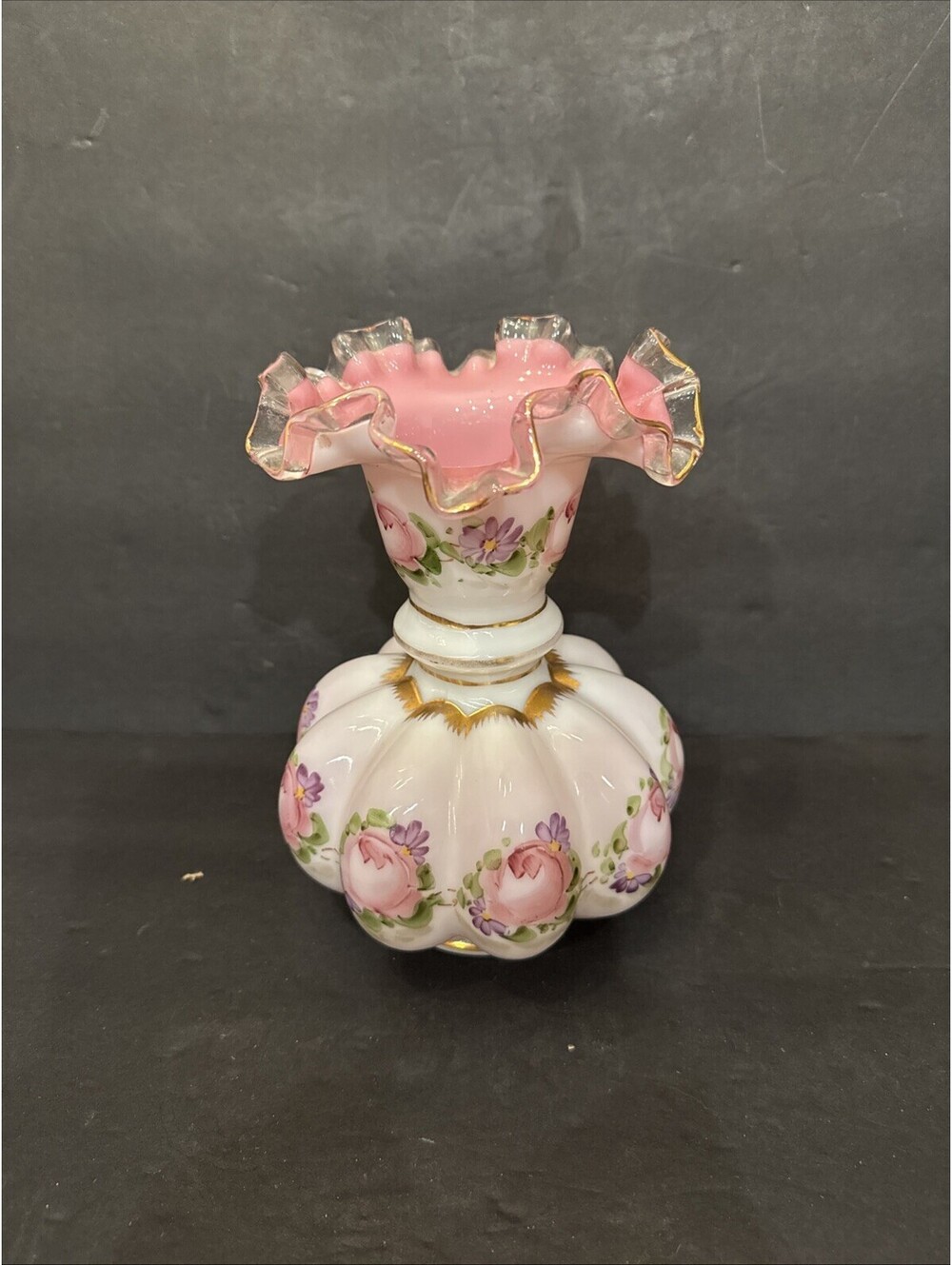 Fenton Charleton Rose Peach Glow Goldcrest  Melon Vase 8.5” 1940s